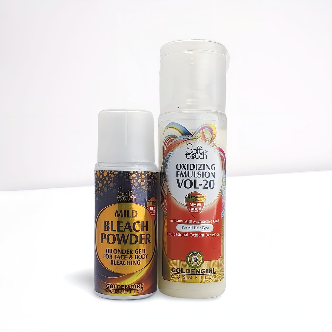 Soft Touch Mild Bleach Kit: Powder + Oxidizing Emulsion Vol-20 | Microactive Gold for Face & Body