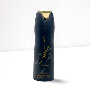 Lattafa Maahir Perfumed Spray – Intense Smoky Oriental Deodorant (Black/Gold 200ml)