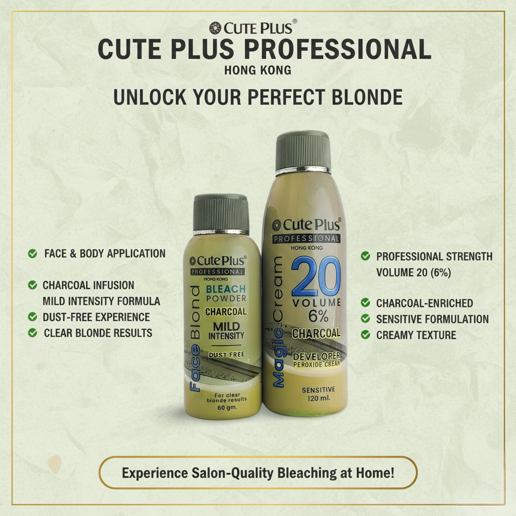 Cute Plus Professional Charcoal Bleach Kit | Mild Intensity Dust-Free Powder + Vol 20 Developer for Sensitive Skin