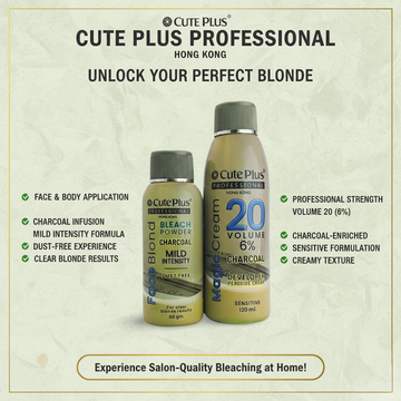 Cute Plus Professional Charcoal Bleach Kit | Mild Intensity Dust-Free Powder + Vol 20 Developer for Sensitive Skin