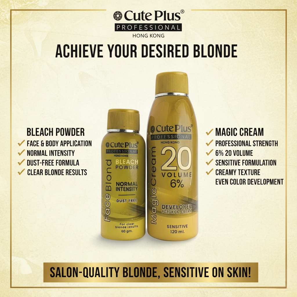 Cute Plus Face Blond Bleach Kit | Normal Intensity Dust-Free Powder + Vol 20 Developer for Sensitive Skin