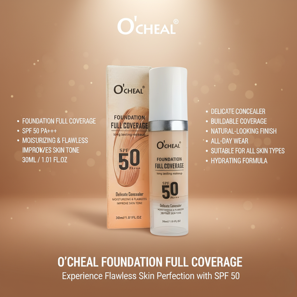 O'Cheal FULL COVERAGE Foundation SPF 50 PA+++ (30ml) Long Lasting Makeup | Delicate Concealer, Moisturizing, Flawless & Improve Skin Tone