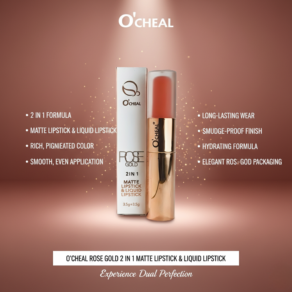 O'Cheal ROSE GOLD 2 IN 1 Dual Lip Stick Matte Lipstick & Liquid Lipstick | Long-Lasting, Highly Pigmented Dual-Finish Lip Color