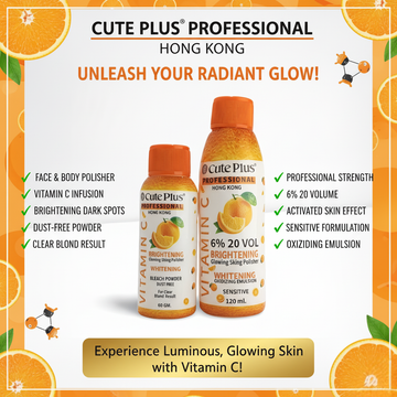 Cute Plus Vitamin C Brightening Bleach Kit | Dust Free Powder + Vol 20 Emulsion for Sensitive Skin